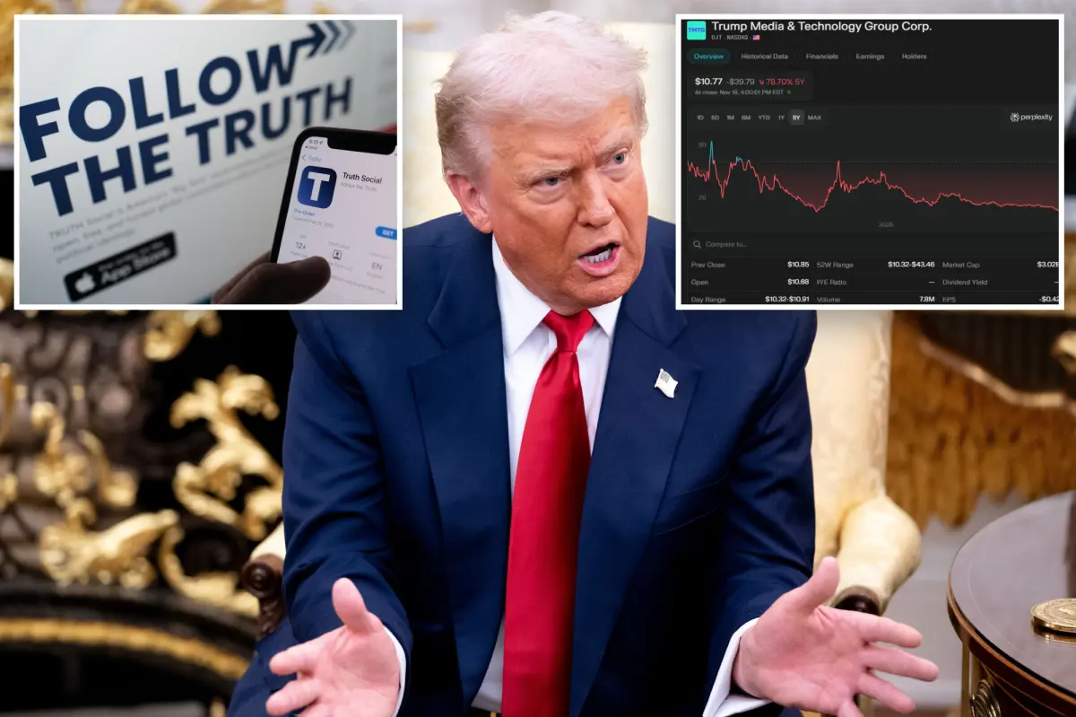 Trump Media stock plummets to record lows, erasing $5 billion in First Family wealth amid cryptocurrency decline.