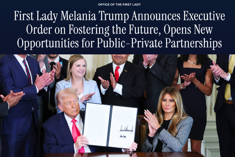 Trump signs ‘Fostering the Future’ executive order created by the First Lady to enhance support for U.S. foster care.