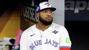 Vladimir Guerrero of the Blue Jays breaks down in tears following the World Series defeat