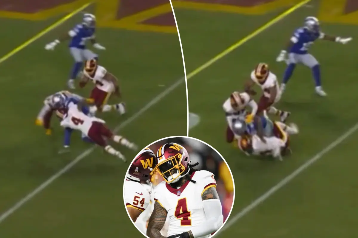 Watch the hip-drop tackle that led to Frankie Luvu's suspension from the Commanders