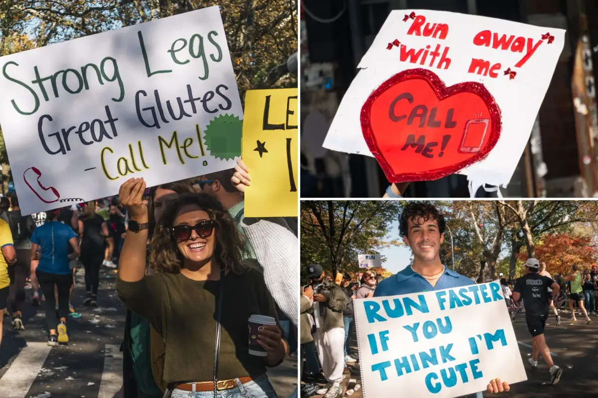 Woman displays her phone number at NYC marathon signage