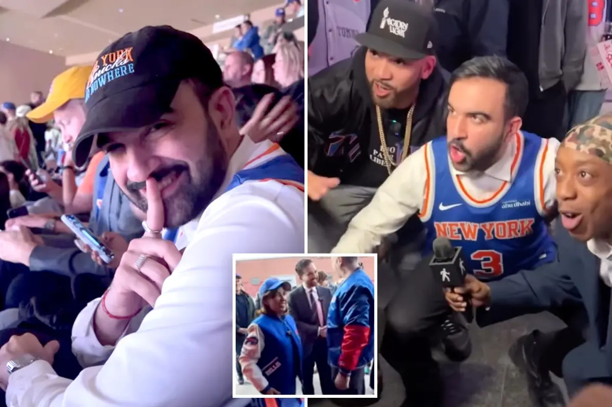 Zohran Mamdani acts as a budget Knicks fan in an awkward political stunt alongside a reporter and podcaster.
