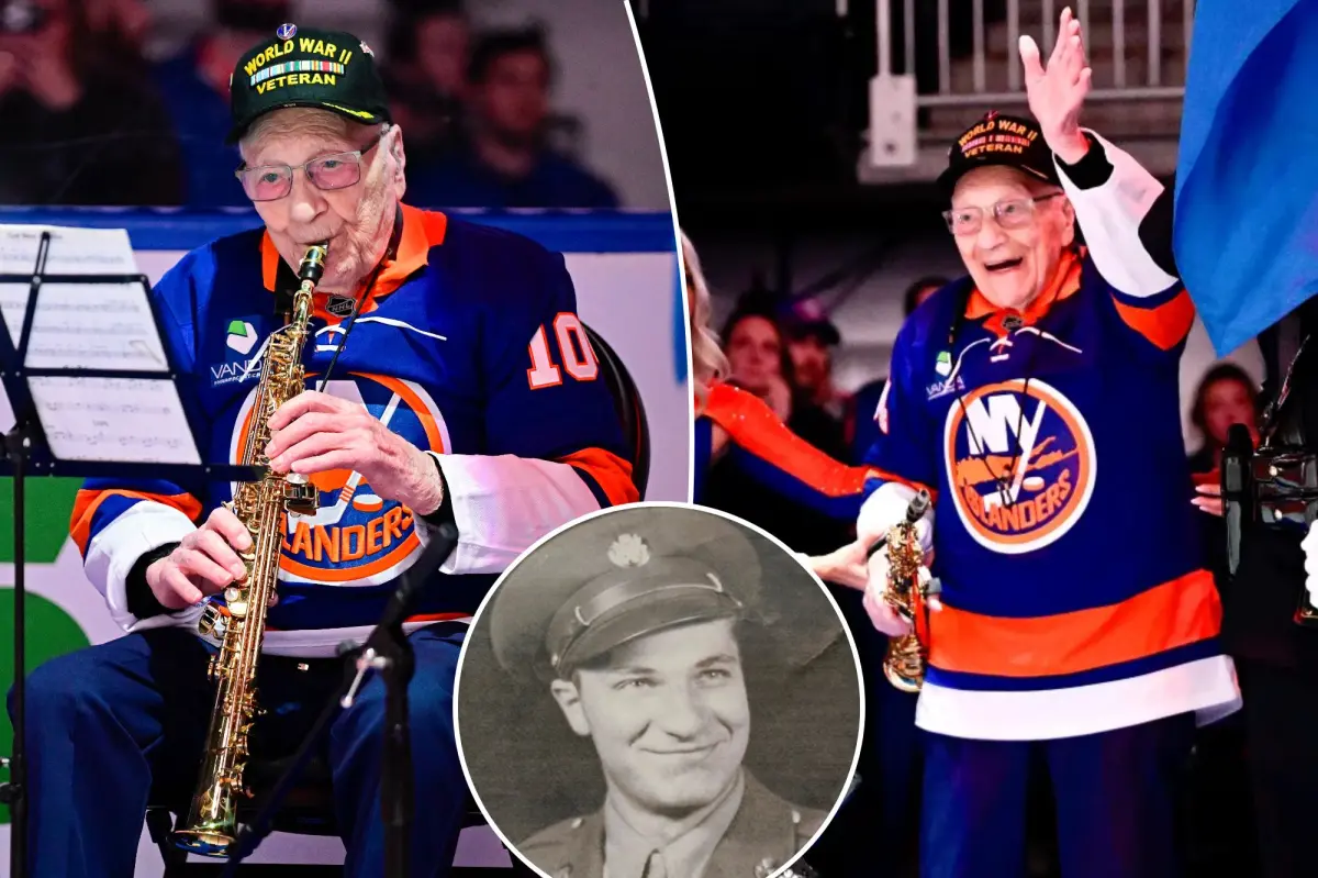 104-year-old WWII veteran entertains Rangers-Islanders audience by playing the national anthem on saxophone