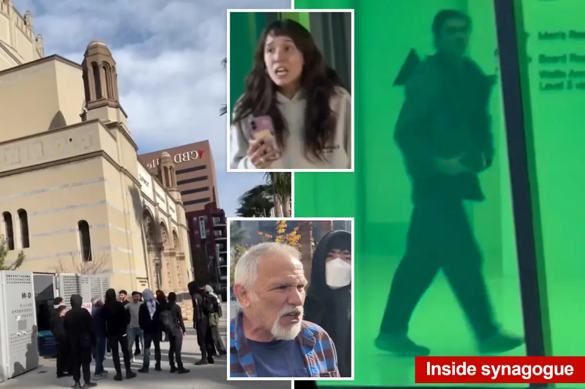 Angry antisemitic protesters surround worshippers at a Los Angeles synagogue