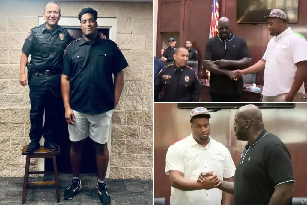 Basketball legend Shaquille O'Neal helps police recruit Jordan Wilmore, who missed passing by one point, achieve his goal of becoming Texas's tallest officer.