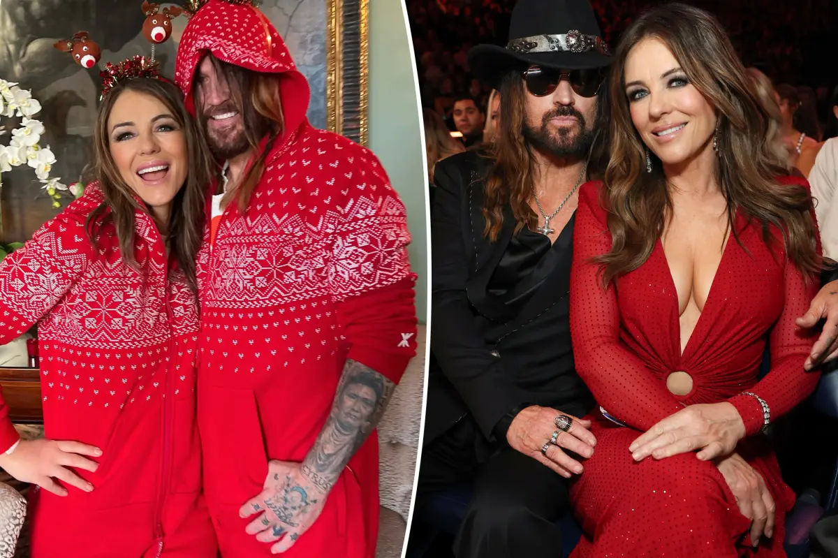Billy Ray Cyrus and Elizabeth Hurley celebrate their first Christmas together in coordinating onesie pajamas
