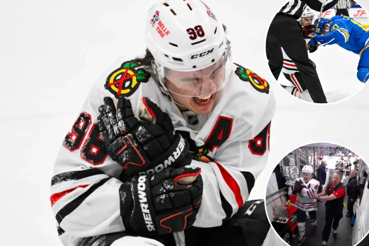 Blackhawks star Connor Bedard hurt in unusual accident in closing moments
