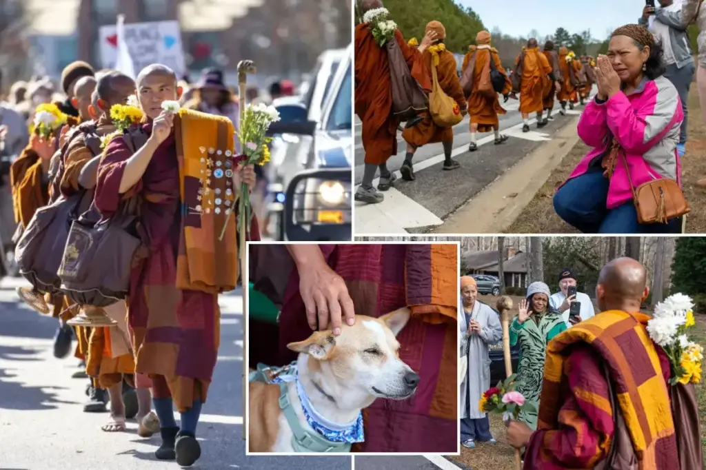 Buddhist monks and their dog continue their peaceful journey across the US despite injuries.