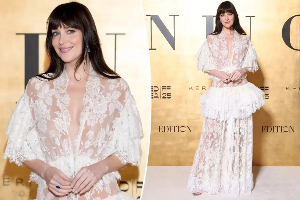 Dakota Johnson stuns in translucent white lace at Red Sea International Film Festival