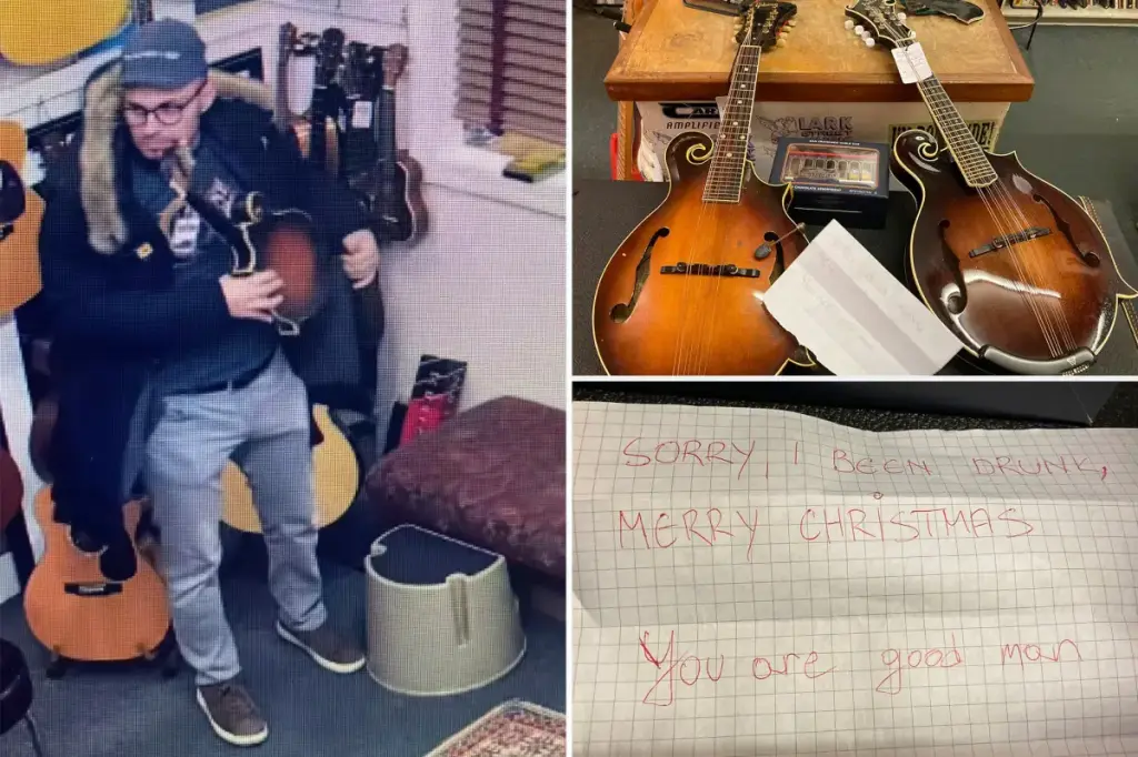 Drunken burglar takes 2 mandolins from music shop, brings them back days later with a note saying 'I was drunk'