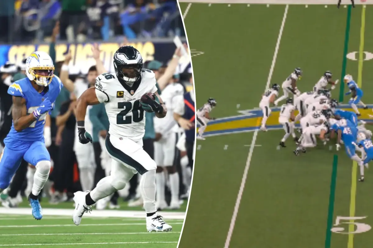 Eagles execute a trick play while Saquon Barkley makes a big run.