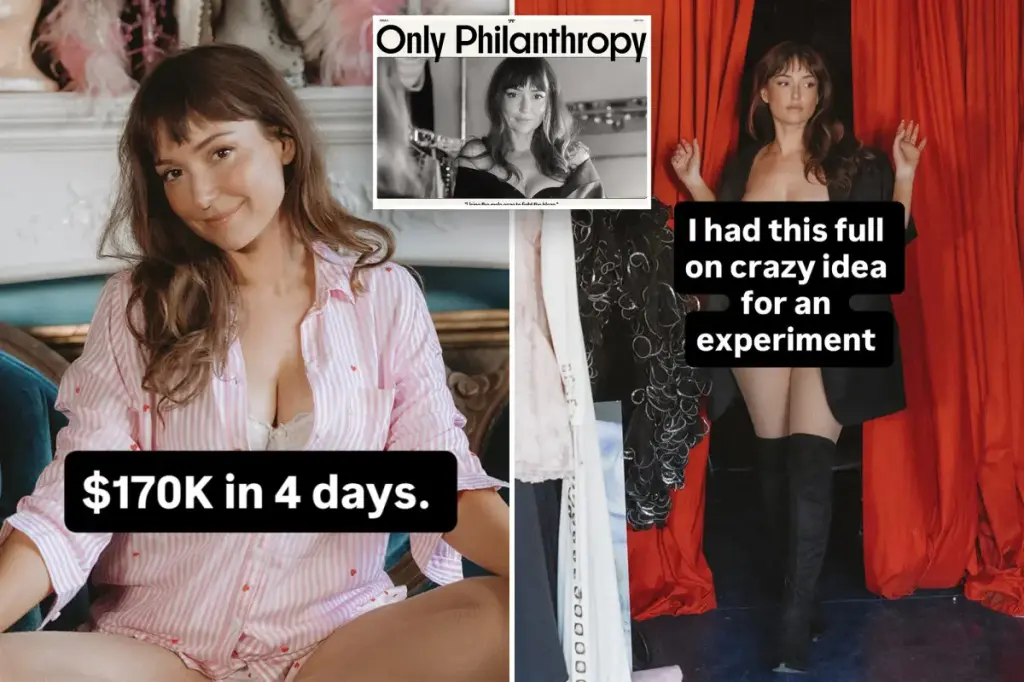 Ex-ATT model Milana Vayntrub raises $500,000 by selling playful photos on Only Philanthropy for victims of LA wildfires.