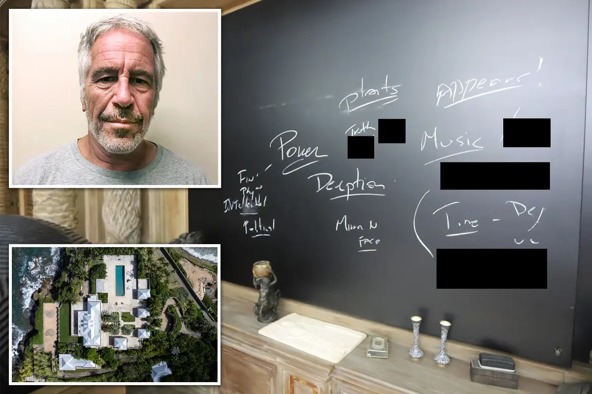 Examine the unsettling notes written on the blackboard at Jeffrey Epstein's private island.