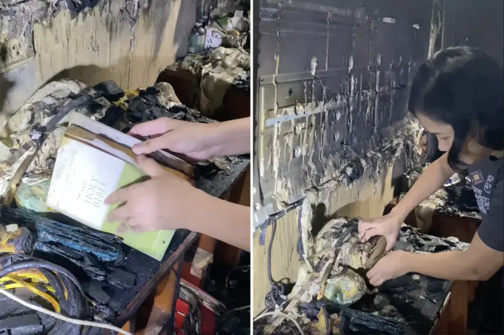 Fire ruins family's home in the Philippines, leaving only the Bible unharmed.