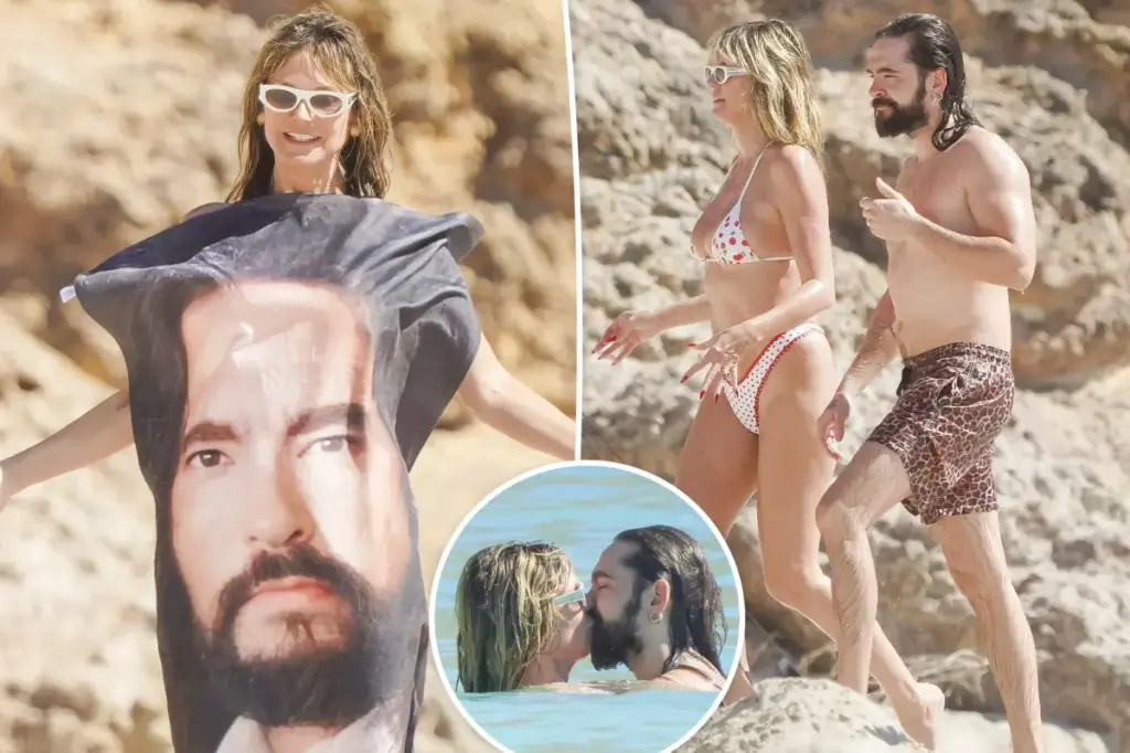 Heidi Klum uses a Tom Kaulitz-themed towel while enjoying a romantic getaway with him.