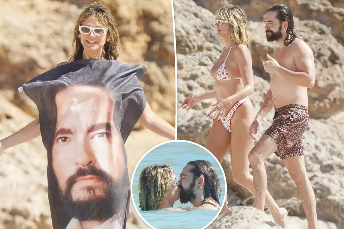 Heidi Klum uses a Tom Kaulitz-themed towel while enjoying a romantic getaway with him.