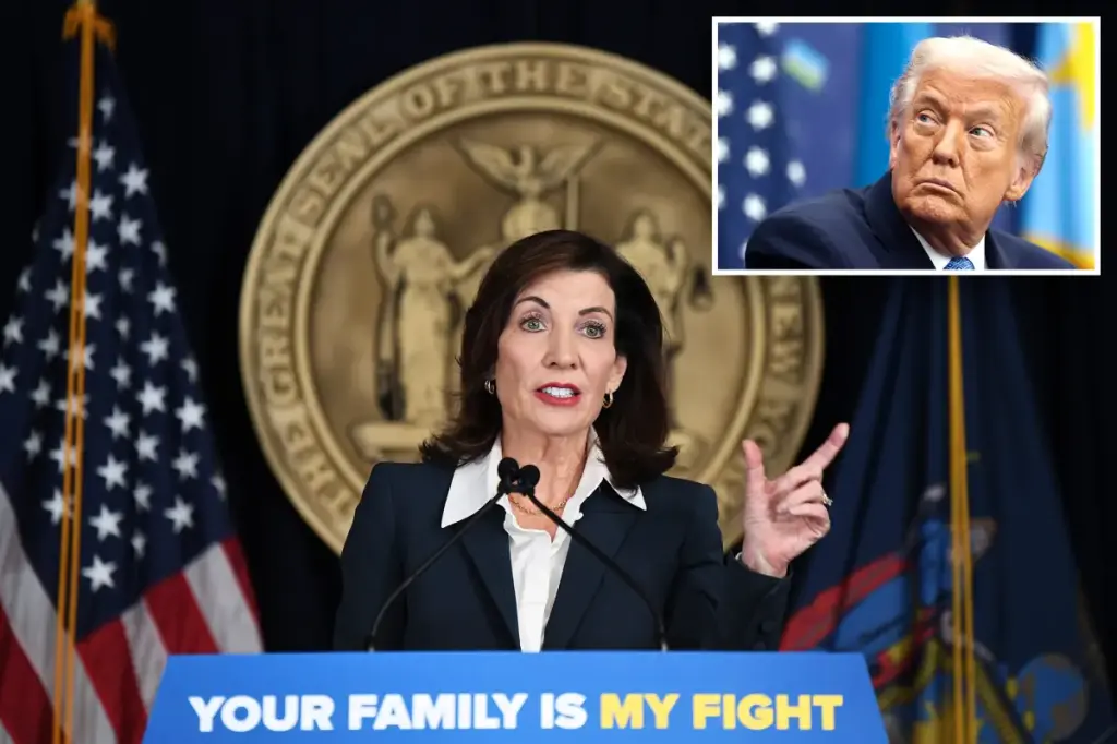 Hochul considers increasing business taxes after pressure from the left, but attributes the issue to Trump.