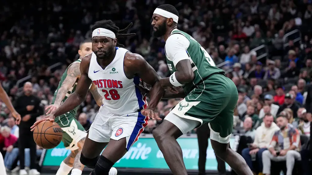 Isaiah Stewart of the Pistons seems to challenge an NBA veteran