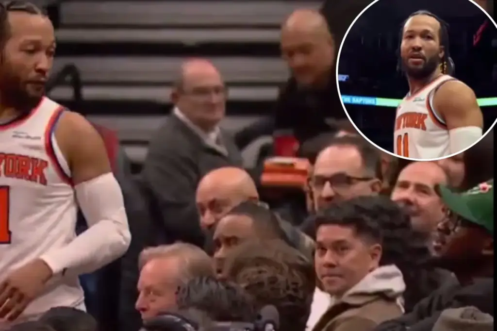 Jalen Brunson has a heated exchange with a Raptors fan sitting courtside.