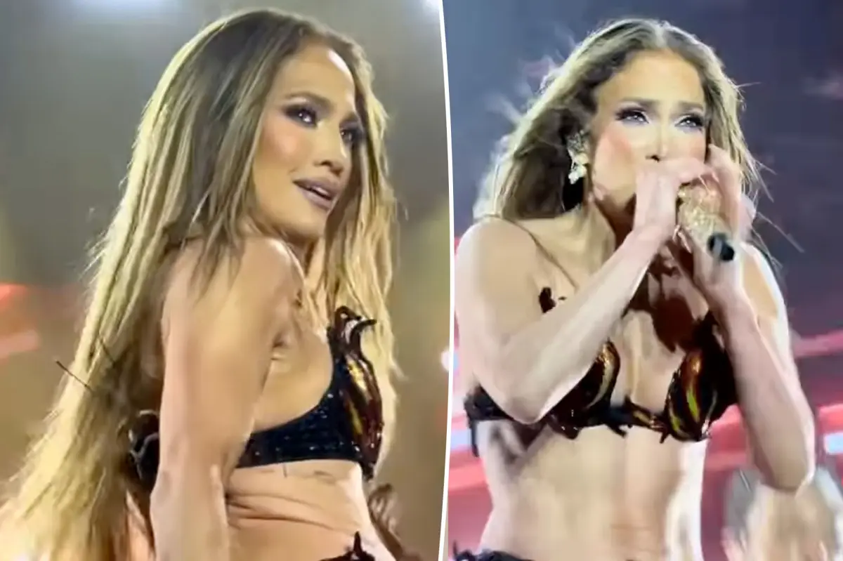 Jennifer Lopez stuns in a bra and thong featuring a sequin flame pattern
