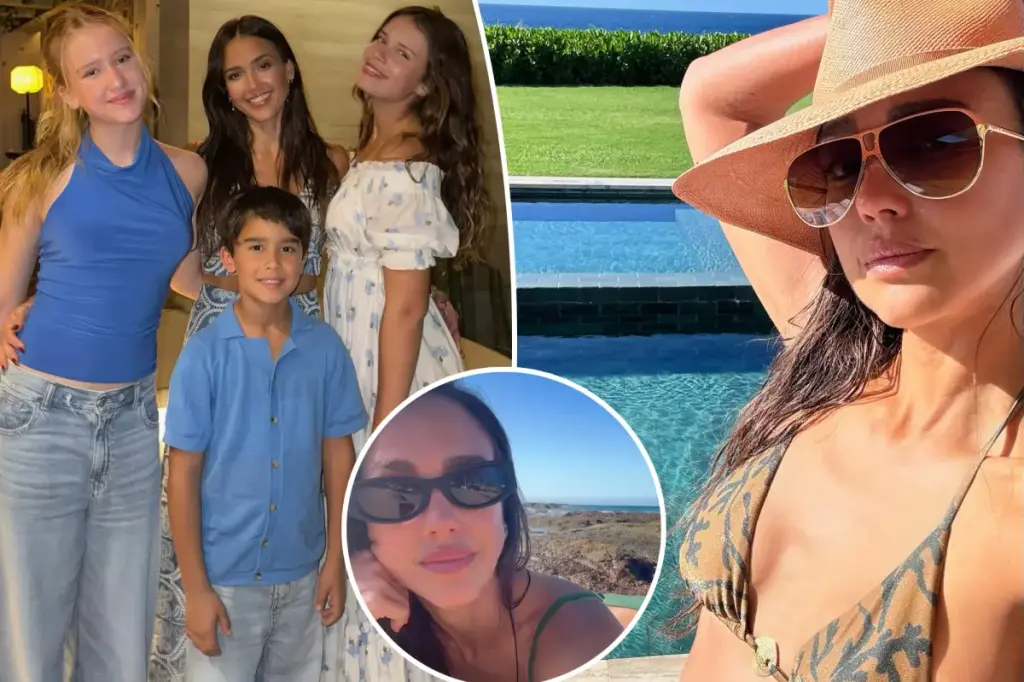 Jessica Alba showcases swimsuits while on holiday with her children