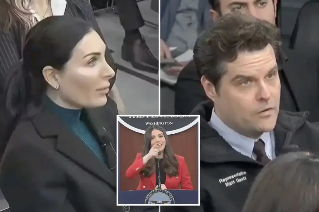 Laura Loomer and Matt Gaetz attend the first Pentagon briefing after the press corps steps back.