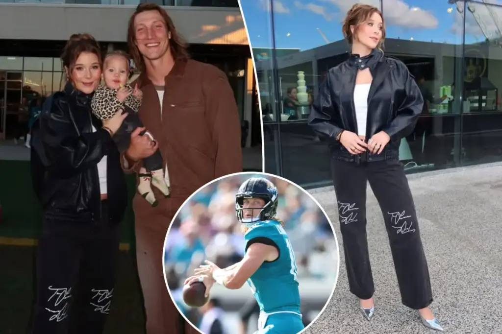 Marissa, Trevor Lawrence’s wife, celebrates after her husband’s stellar performance.