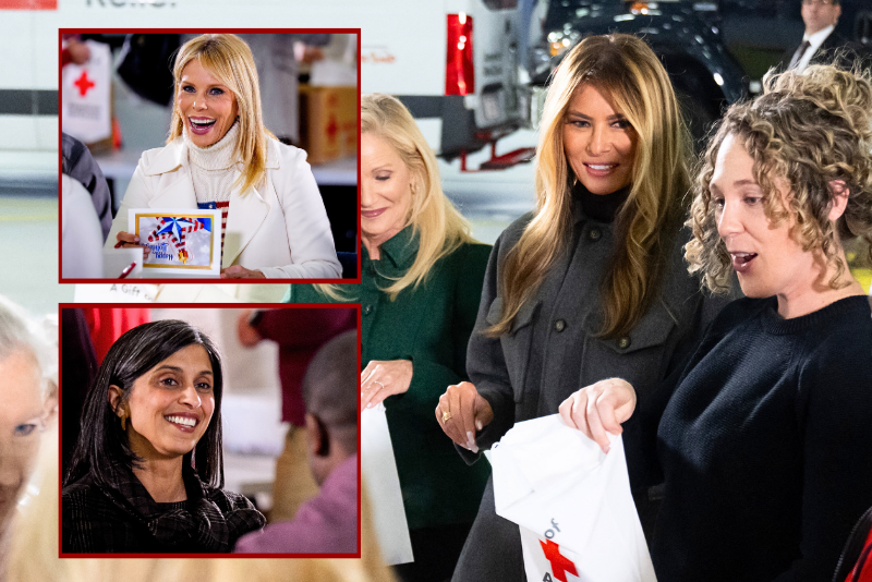 Melania, Usha, and other spouses from the Trump administration come together with U.S. military spouses to create care packages for service members at Joint Base Andrews.