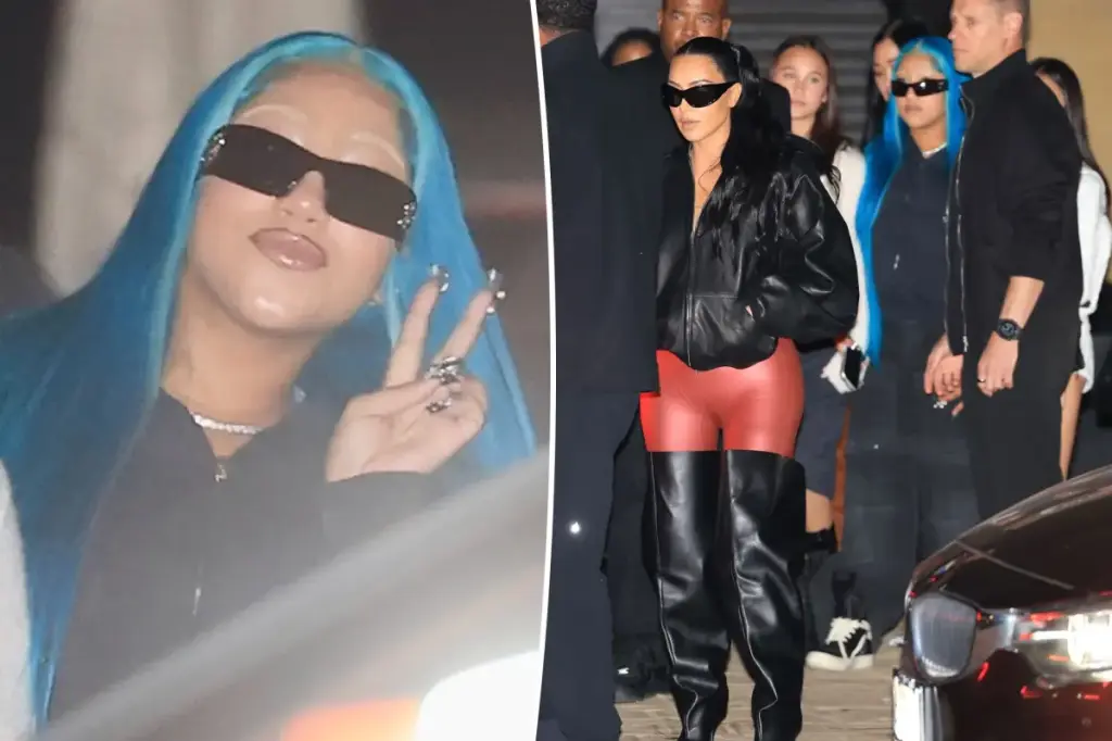 North West displays her bleached eyebrows on an evening out with her mom, Kim Kardashian.