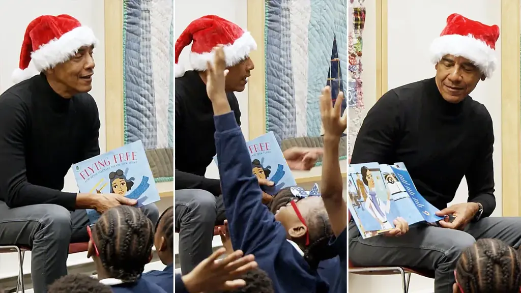 Obama unexpectedly visits Chicago students wearing a Santa hat at the library