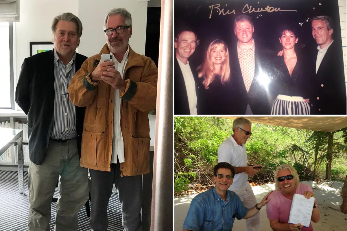 Photos of Woody Allen, Andrew Mountbatten-Windsor, Bill Gates, Clinton, and Trump with Jeffrey Epstein