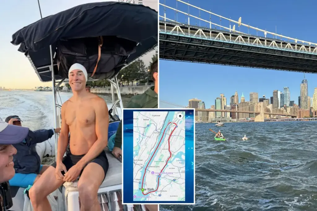 Record-holder swims 29 miles around Manhattan while handcuffed