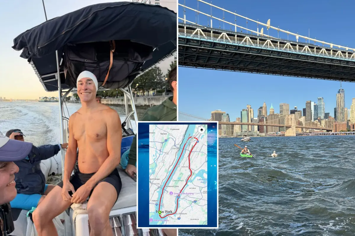 Record-holder swims 29 miles around Manhattan while handcuffed