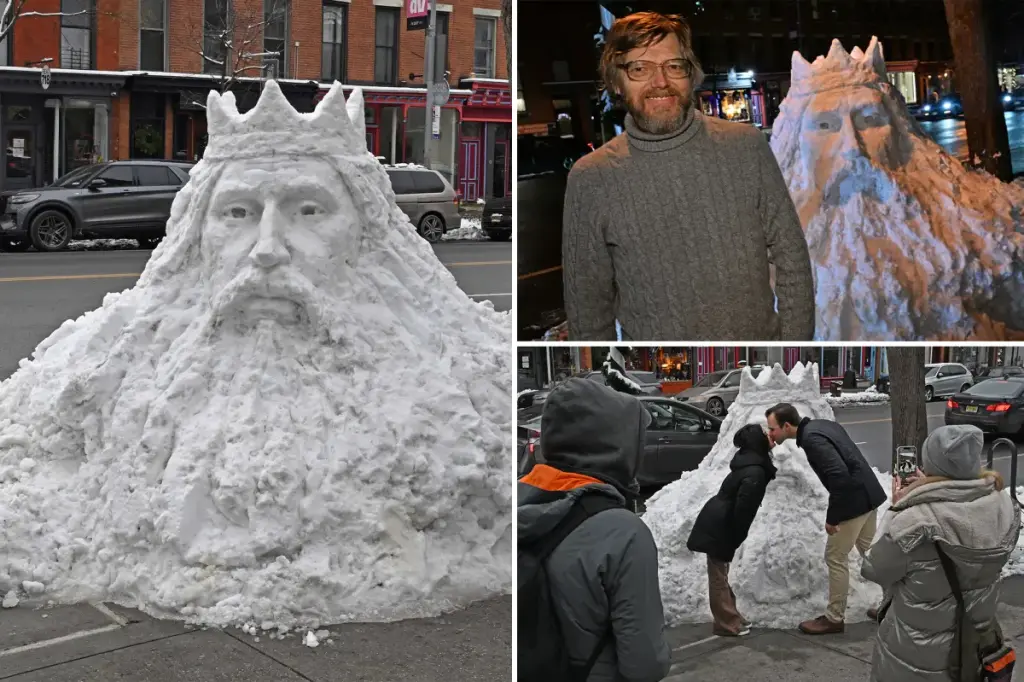 Snow pile in NYC shaped into impressive Snow King sculpture, becoming a tourist spot