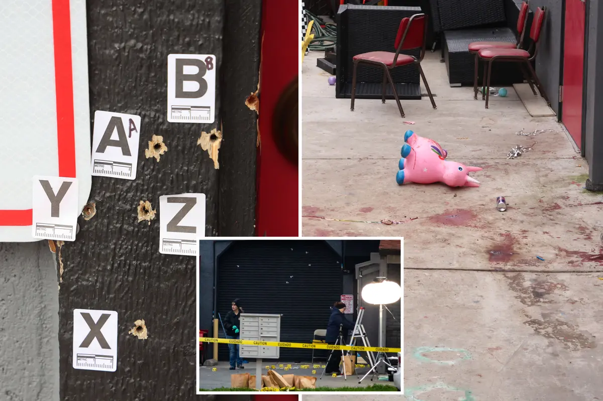 Striking photos show blood-stained toys and bullet marks following California shooting that claimed the lives of three children and a young adult.