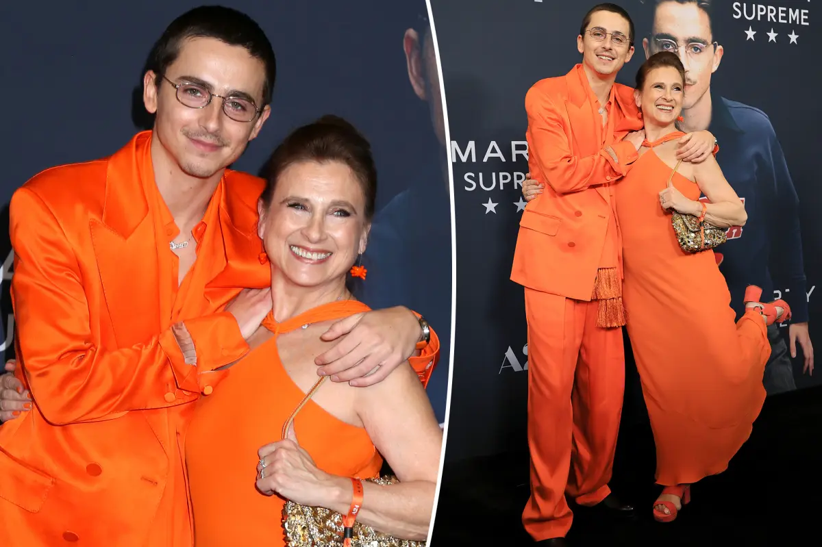 Timothée Chalamet and his mother match in orange at the NYC premiere of 'Marty Supreme'