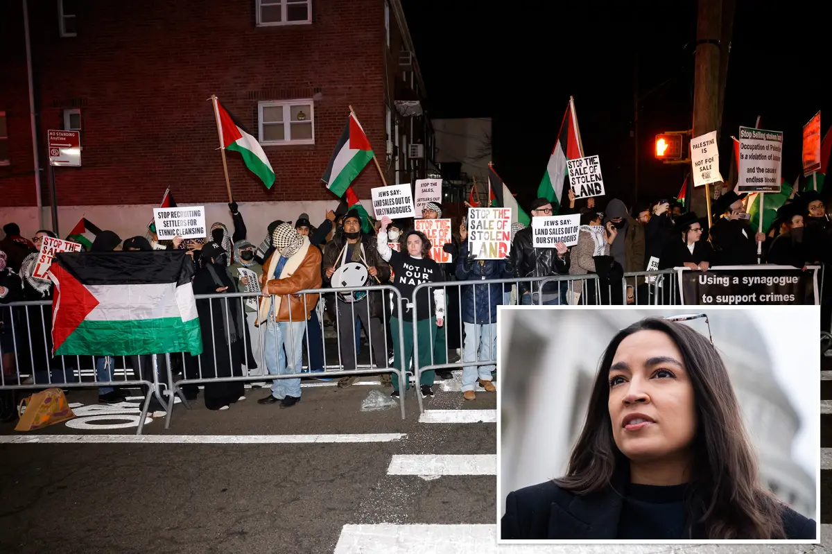 AOC criticizes Hamas supporters for gathering at a synagogue in Queens.