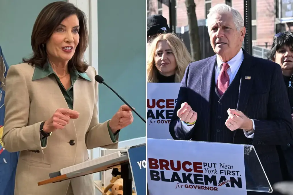 Bruce Blakeman confronts challenges in the New York governor race as Hochul highlights a $32M Democratic fund.