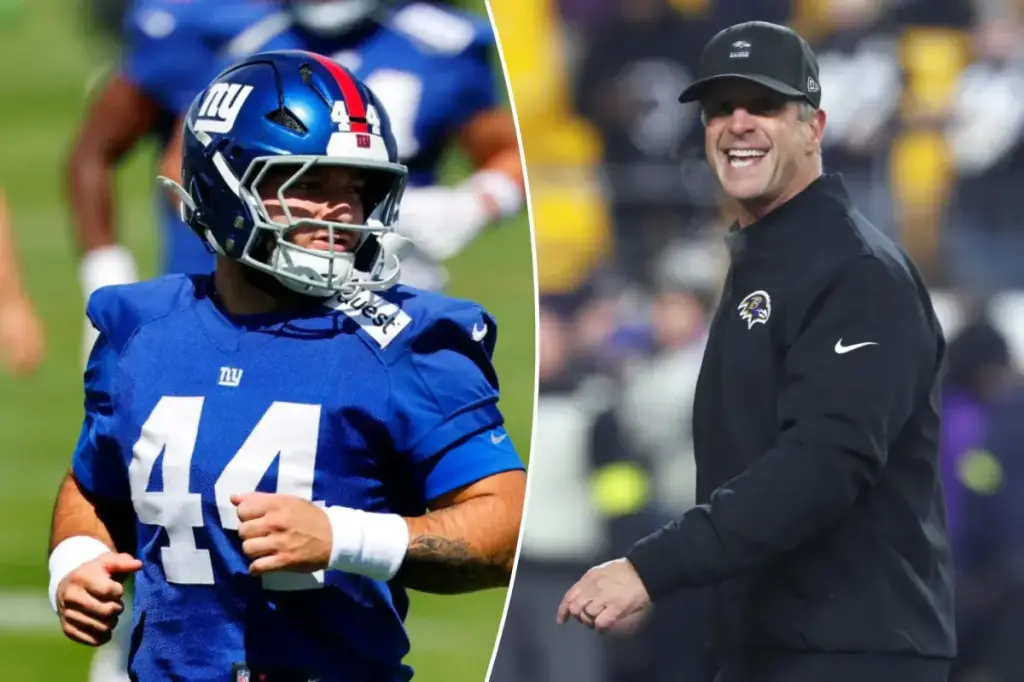 Cam Skattebo honors the hiring of John Harbaugh by the Giants.