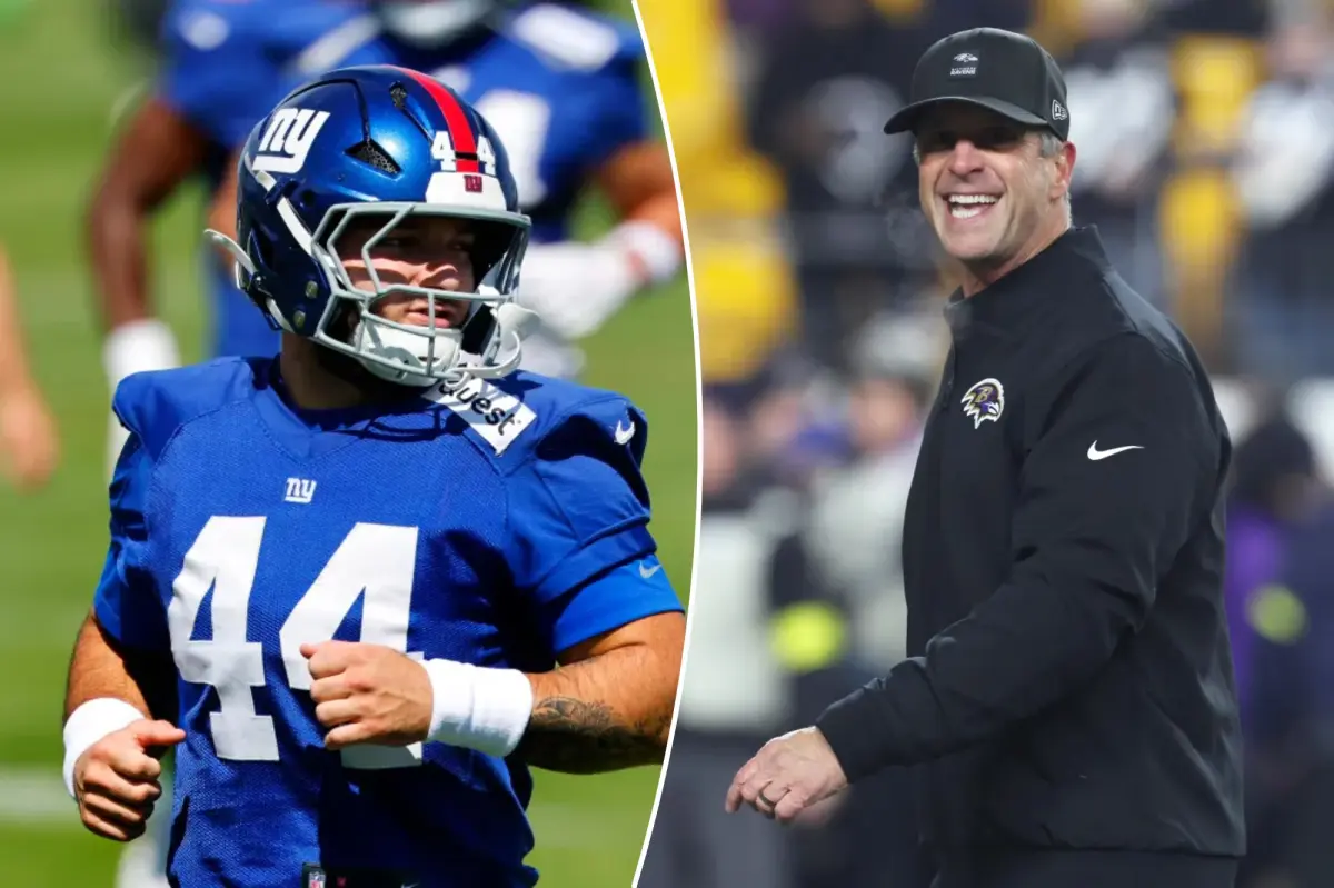 Cam Skattebo honors the hiring of John Harbaugh by the Giants.