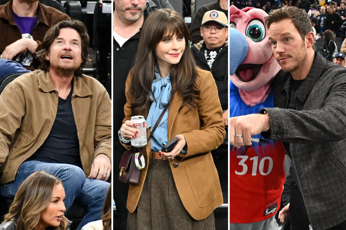 Chris Pratt, Jason Bateman, and Zooey Deschanel attend Lakers versus Clippers game