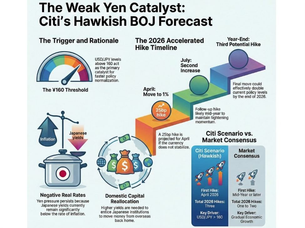 Citi warns of three potential BOJ interest rate increases in 2026 if the yen continues to weaken. Keep an eye on USD/JPY 160.