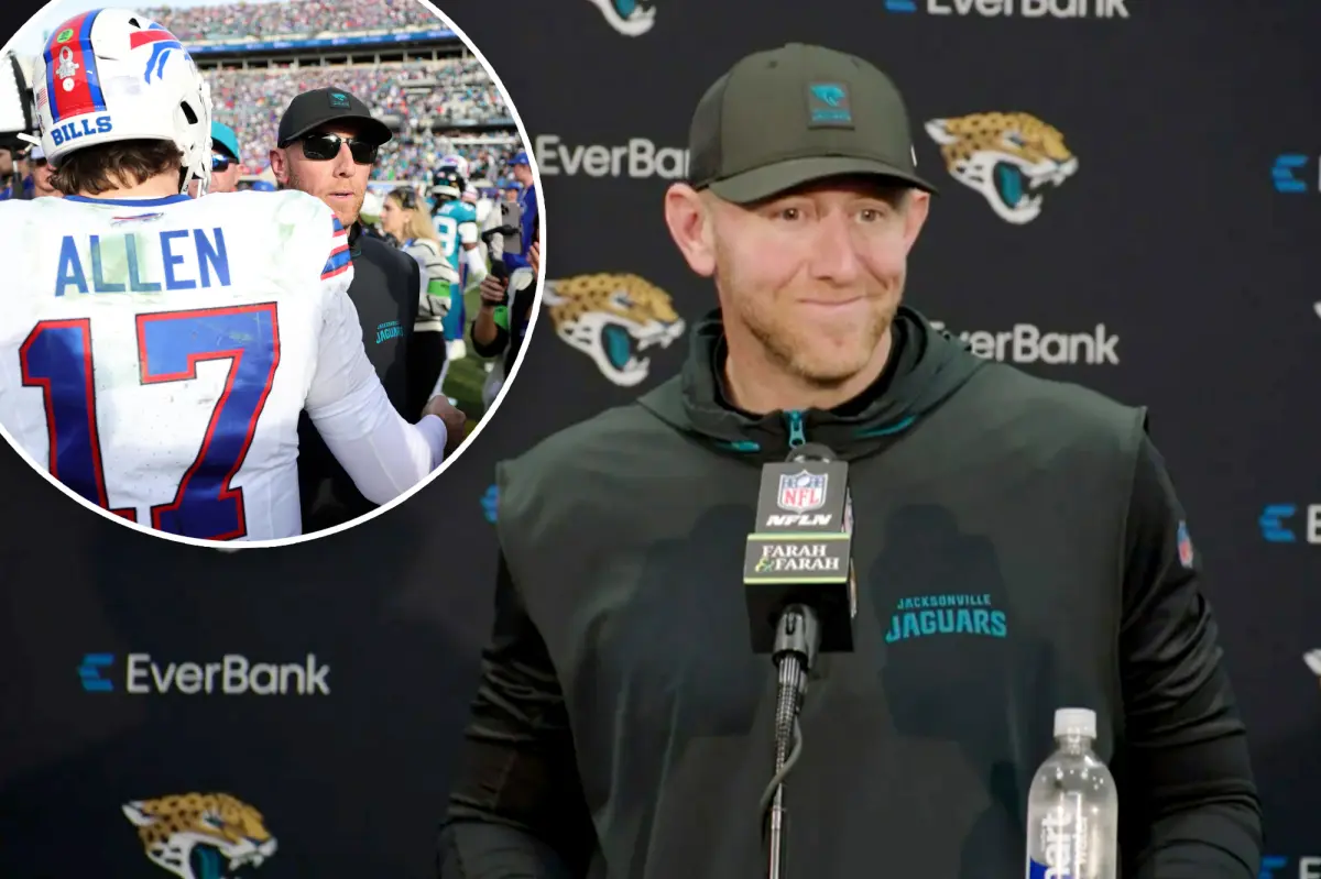 Coach Liam Coen of the Jaguars receives praise from a reporter following a painful NFL playoff defeat in a controversial moment.