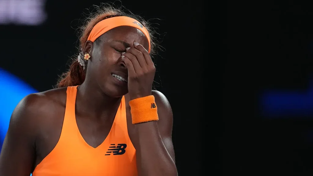 Coco Gauff breaks racket in disappointment following defeat at the Australian Open