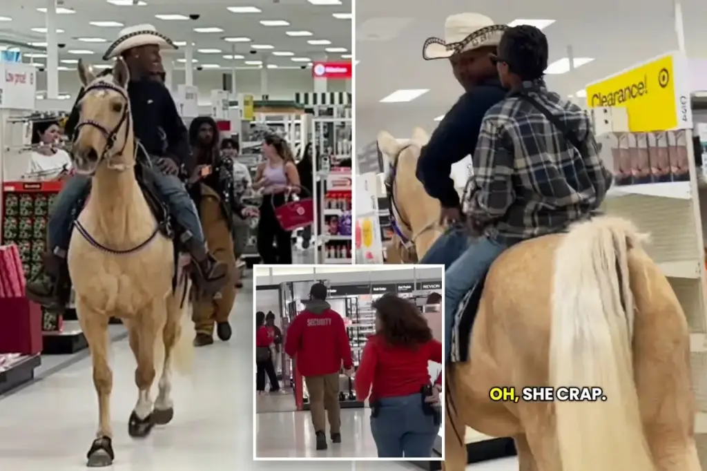 Cowboy rides a horse through Target, causing staff to clean up the aftermath.