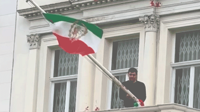 Flag of Iran Embassy in London taken down and replaced with symbol from before 1979