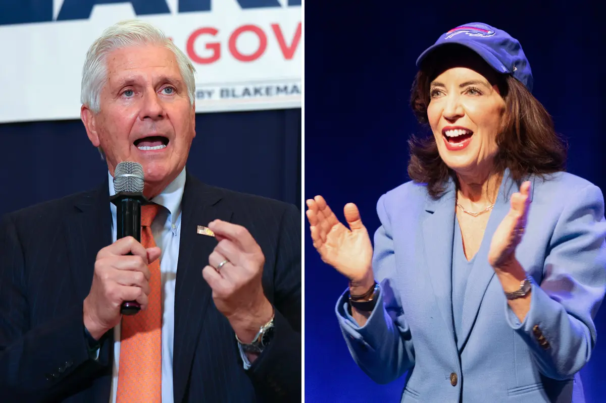 GOP candidate Bruce Blakeman reveals Trump-style hat and criticizes rival Hochul's State of the State address.