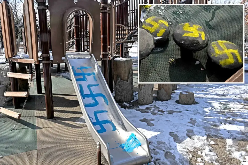 Hateful individuals deface a playground with swastikas in a predominantly Jewish area of NYC for two consecutive days.