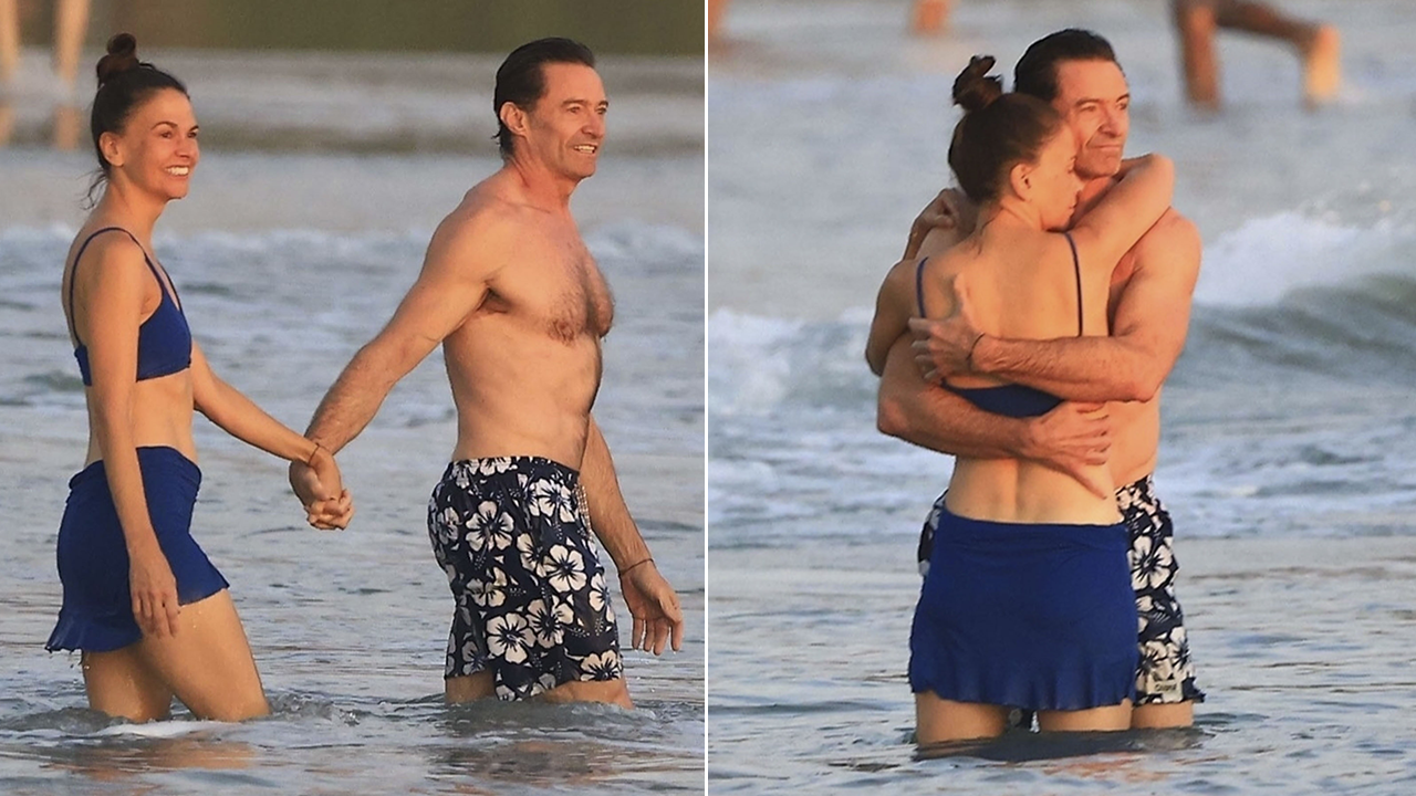 Hugh Jackman and Sutton Foster show affection during their beach getaway in Costa Rica.