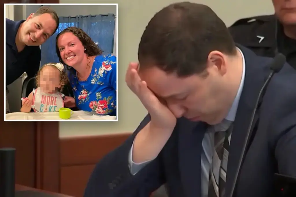 Husband Brendan Banfield weeps in court as he sees the moment he discovered his wife had died.